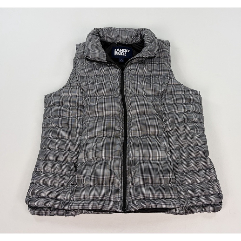 Lands' End Down Puffer Vest Women's L 14-16 Black White Glen Plaid Lightweight